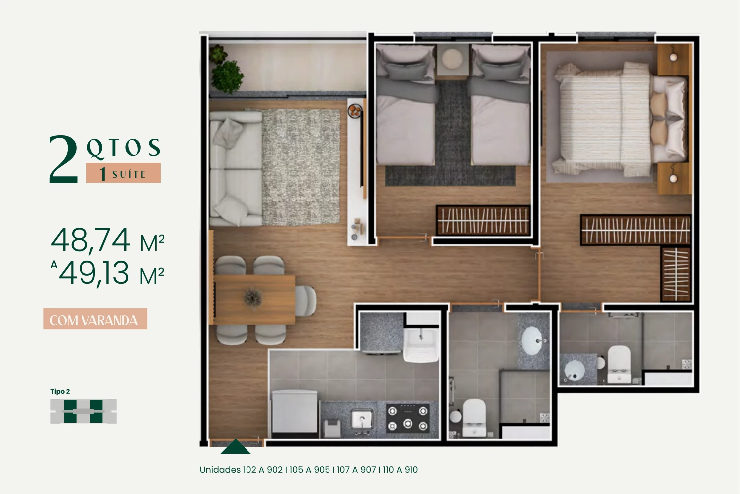 Planta de 2 quartos com suíte e varanda, de 48,74 a 49,13 metros quadrados