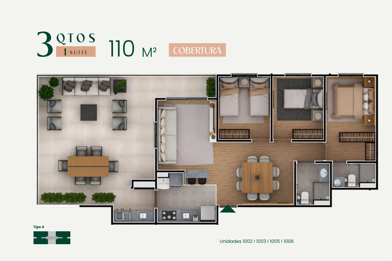 Planta de cobertura com 3 quartos e 110 metros quadrados